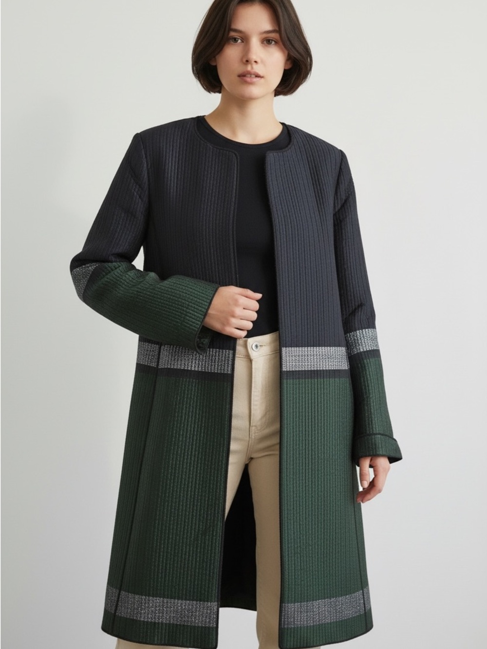 Worth Colorblock Long Open-Front Trench Coat in Dark Green and Black